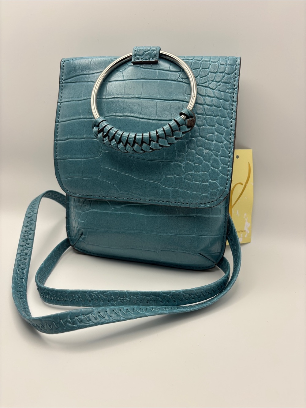 Collection 18 Teal Croc-Embossed Small Crossbody Bag with Silver Ring Accent NWT